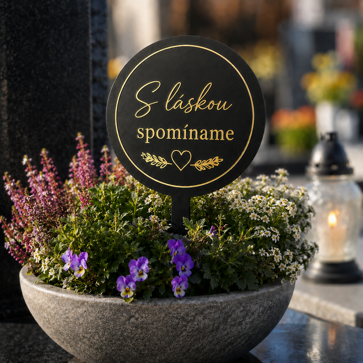 Spomienkový zápich do kvetináča na hrob - S láskou spomíname (čierny/zlatý)