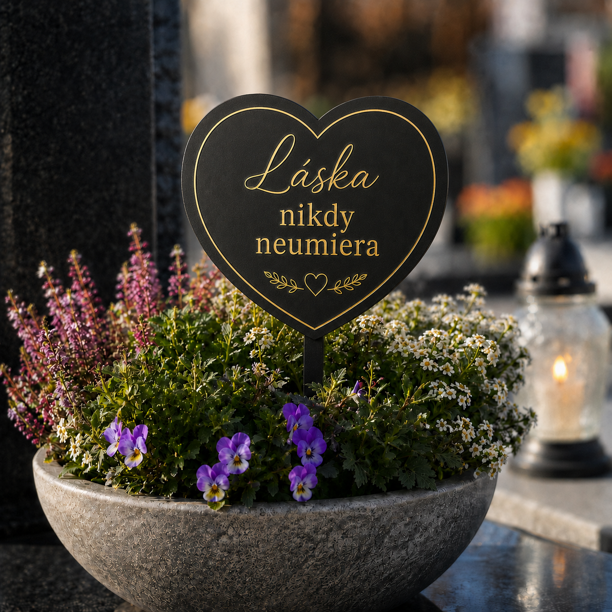 Spomienkový zápich do kvetináča na hrob - Láska nikdy neumiera (čierny/zlatý)
