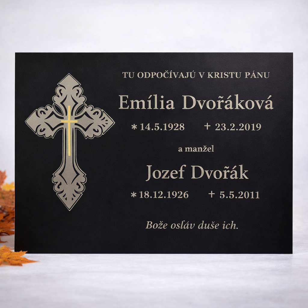 Pamätná tabuľa na náhrobný kameň - s vlastným textom + 3D krížikom (60x40cm)