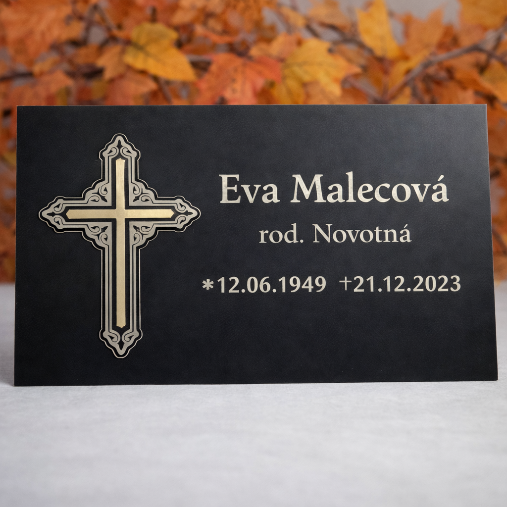 Pamätná tabuľa na náhrobný kameň - s vlastným textom + 3D krížikom (35x15cm)