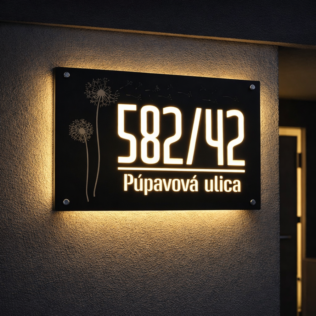Svetelné číslo na dom LED (220V) s gravírom (podľa želania) - Púpavová ulica