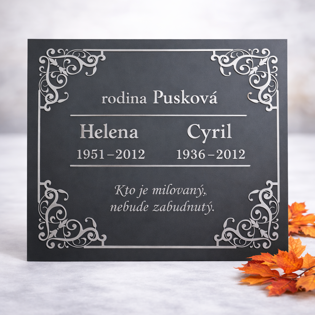 Pamätná tabuľa na náhrobný kameň - s vlastným textom + ornamenty (50x50cm)