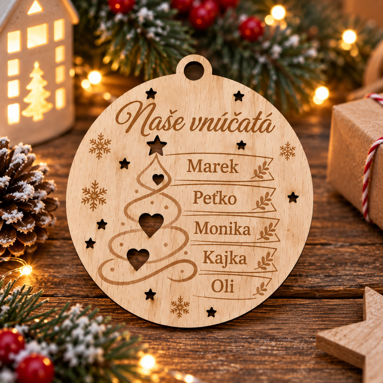 Drevená vianočná ozdoba: Naše vnúčatá s menami