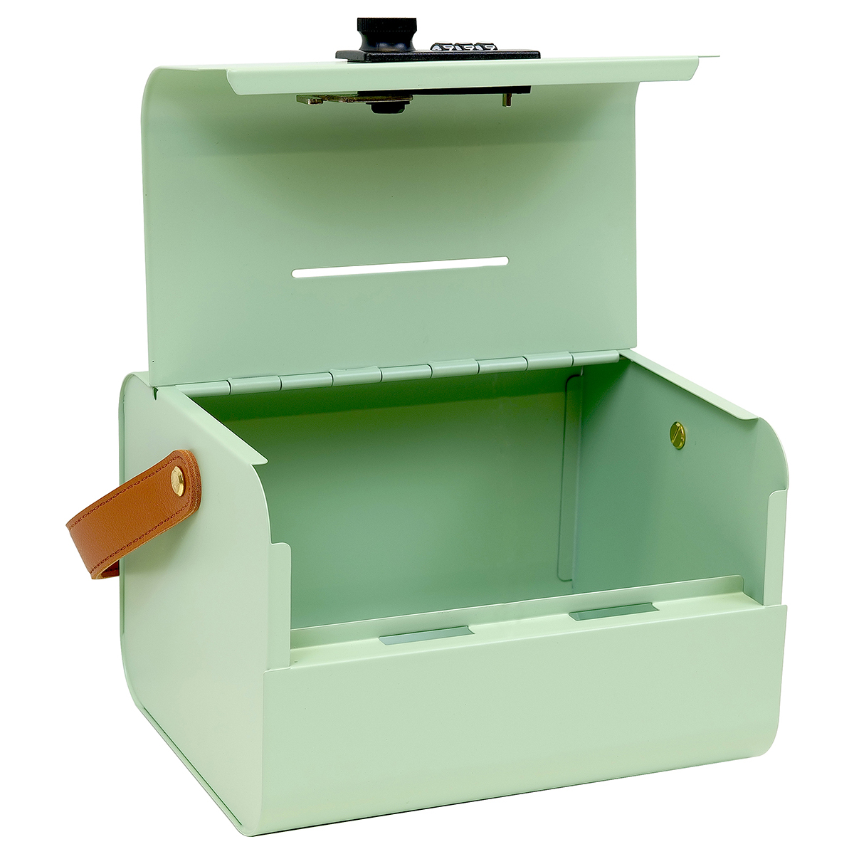 Oceľová pokladnička s číselným zámkom a koženkovým popruhom - matcha zelená