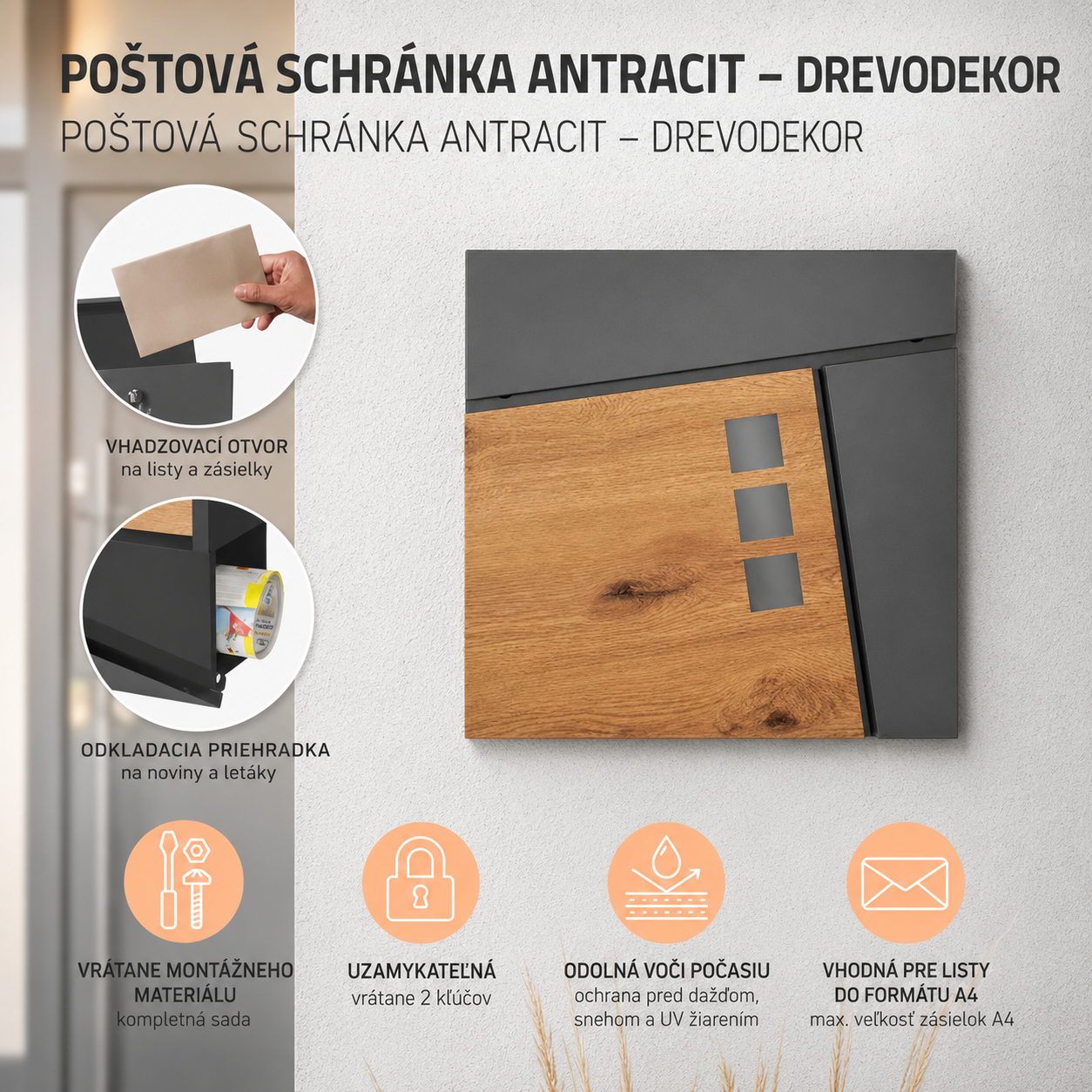 Stojan s poštovou schránkou s gravírovaným textom podľa želania - antracit/drevodekor