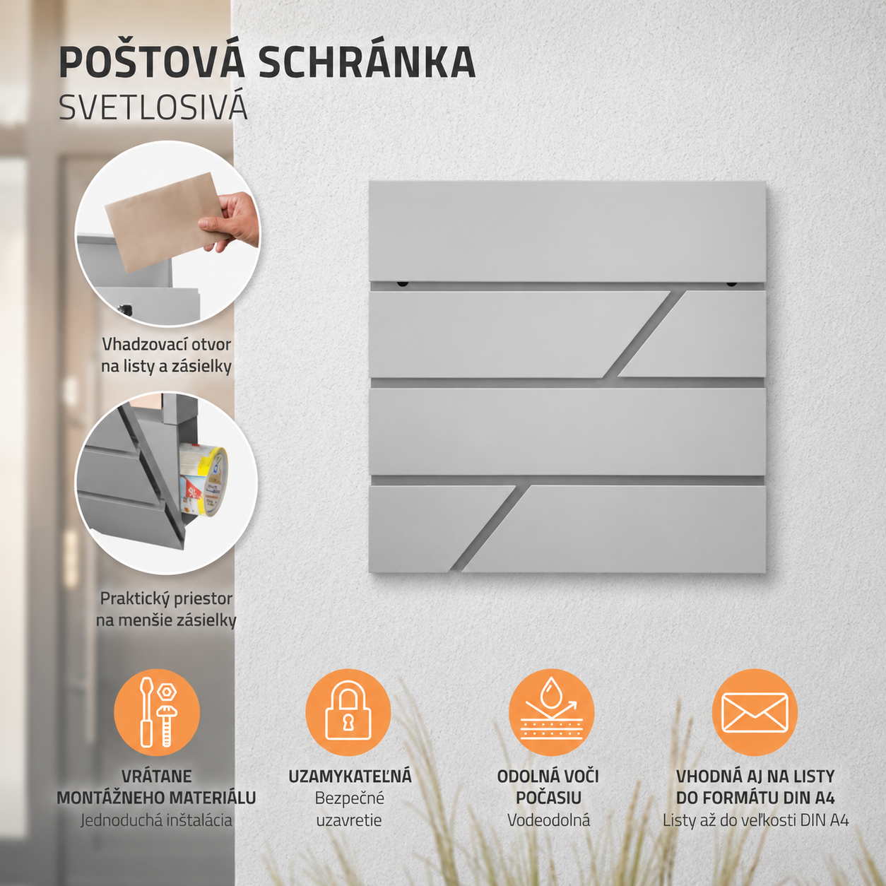 Poštová schránka so stojanom a tubusom na noviny ELEGANT svetlosivá + GRAVÍR textu podľa želania ZADARMO