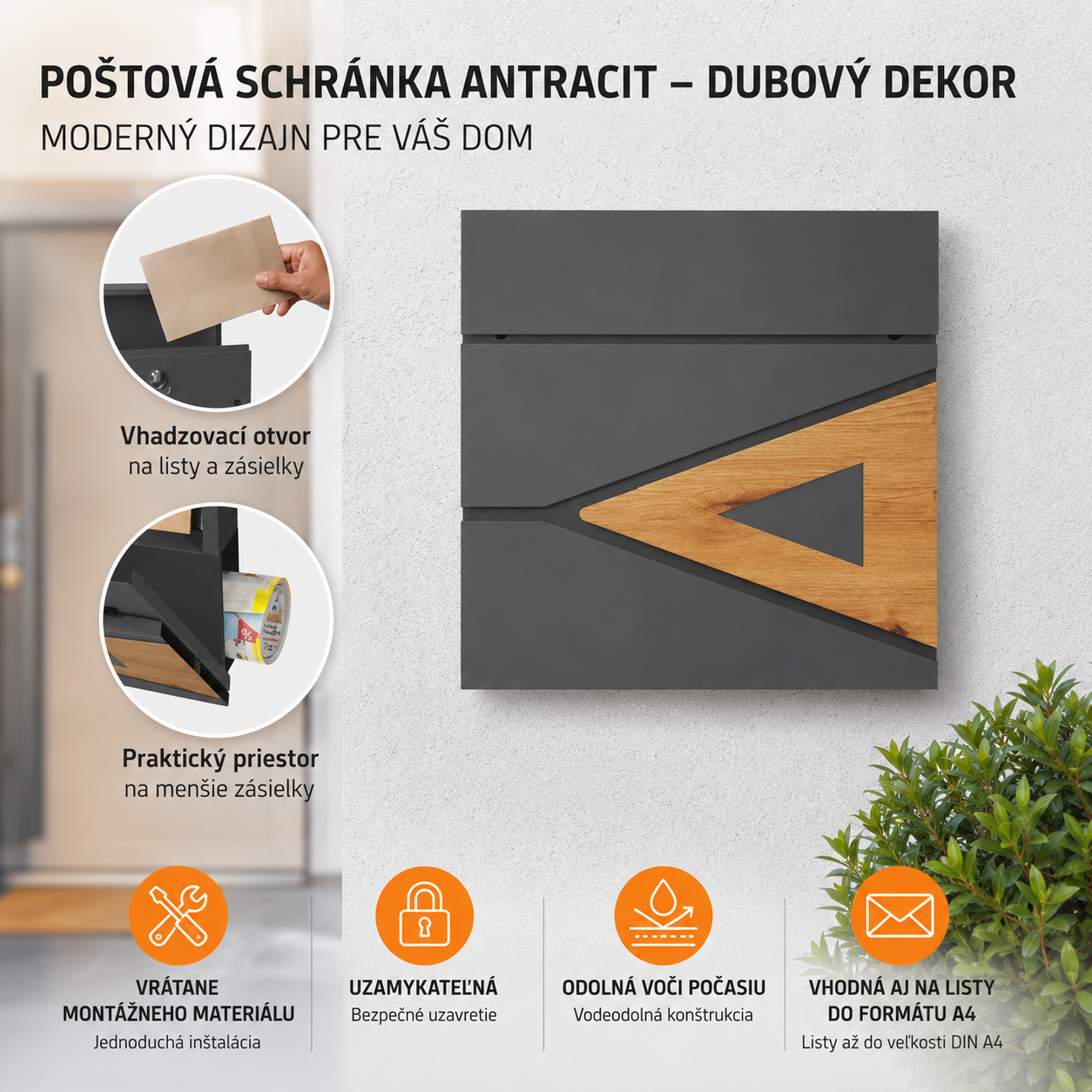 Poštová schránka so stojanom a tubusom na noviny WOODSTYLE antracit/drevodekor + GRAVÍR textu podľa želania ZADARMO 