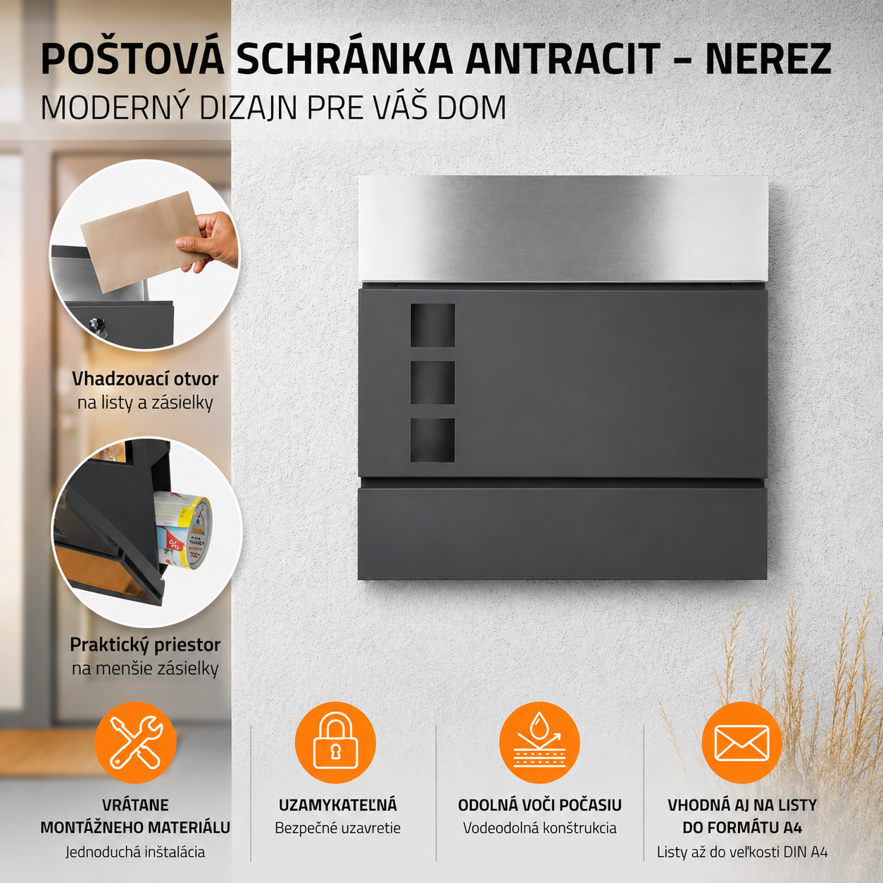 Poštová schránka so stojanom a tubusom na noviny KLASIK antracit/škrabaný hliník + GRAVÍR textu podľa želania ZADARMO