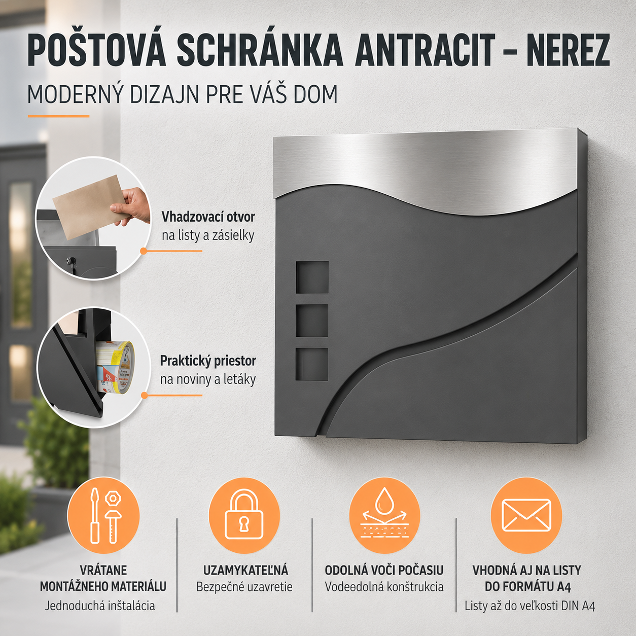 Poštová schránka so stojanom a tubusom na noviny EFEKT antracit + GRAVÍR textu podľa želania ZADARMO