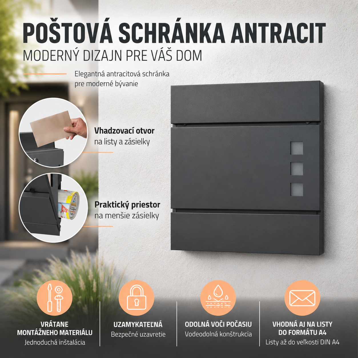 Poštová schránka so stojanom a tubusom na noviny STYLE antracit + GRAVÍR textu podľa želania ZADARMO