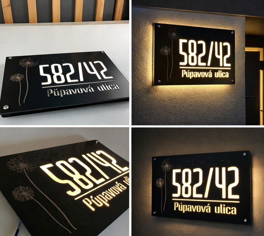 Svetelné číslo na dom LED (220V) s gravírom (podľa želania) - Púpavová ulica